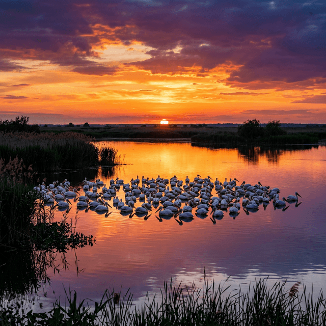 Pelicani la apus pe Delta